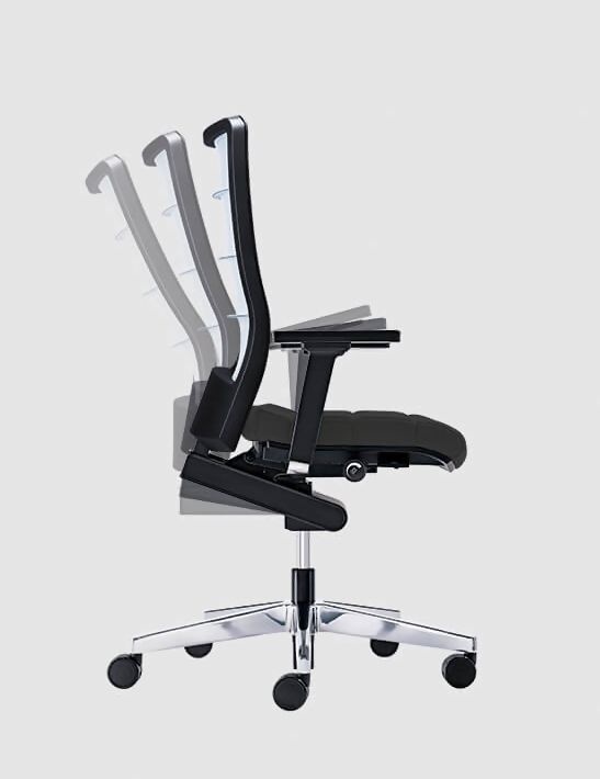 High-quality AirPad swivel chair in black with light-coloured mesh backrest in motion to illustrate the innovative Body-Float synchronous mechanism.