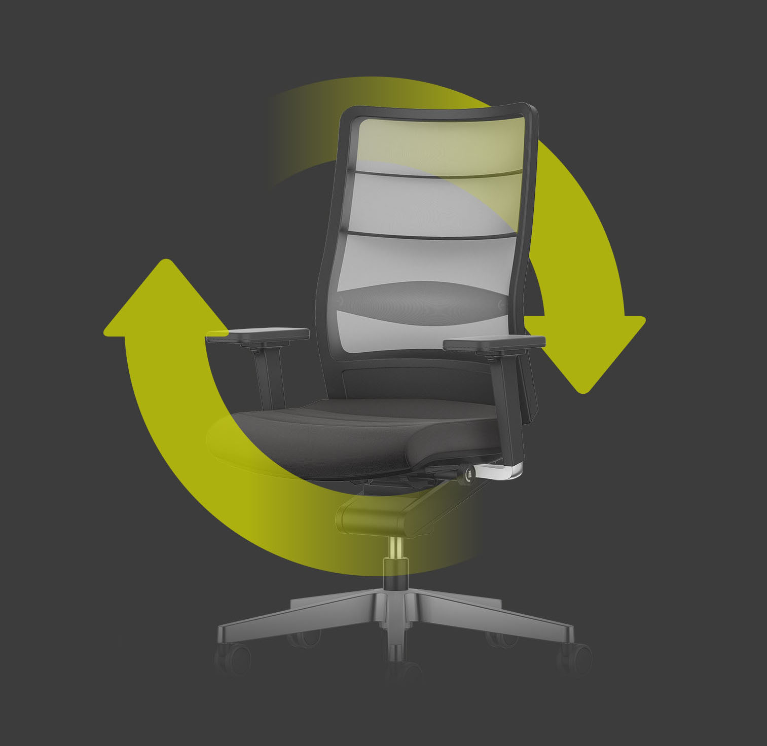 Sedia girevole da ufficio AIRPAD di colore nero con schienale in rete di colore chiaro con due frecce verdi che disegnano un cerchio intorno alla sedia. Le frecce indicano la sostenibilità e la riutilizzabilità della sedia.