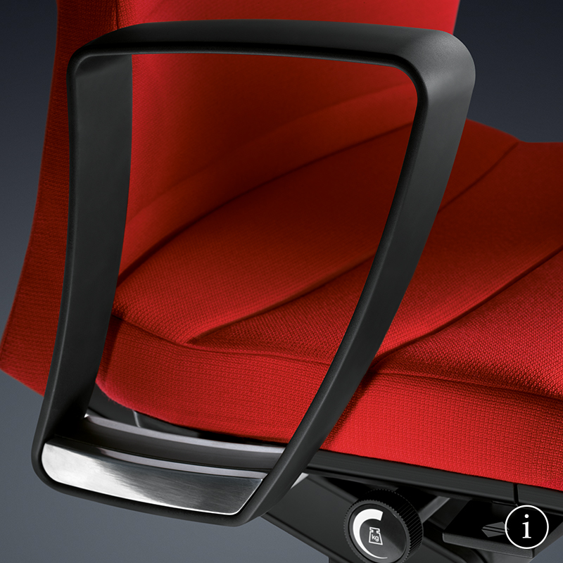 The black loop armrests on the CHAMP office chair catch the eye with their distinctive design in a close-up. 