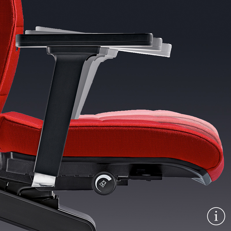 Le siège de bureau ergonomique CHAMP de couleur rouge, en vue de côté. L'accent est mis sur les accoudoirs en T 4D noirs - les ombres claires montrent la mobilité et l'adaptabilité possibles pour chaque utilisateur.