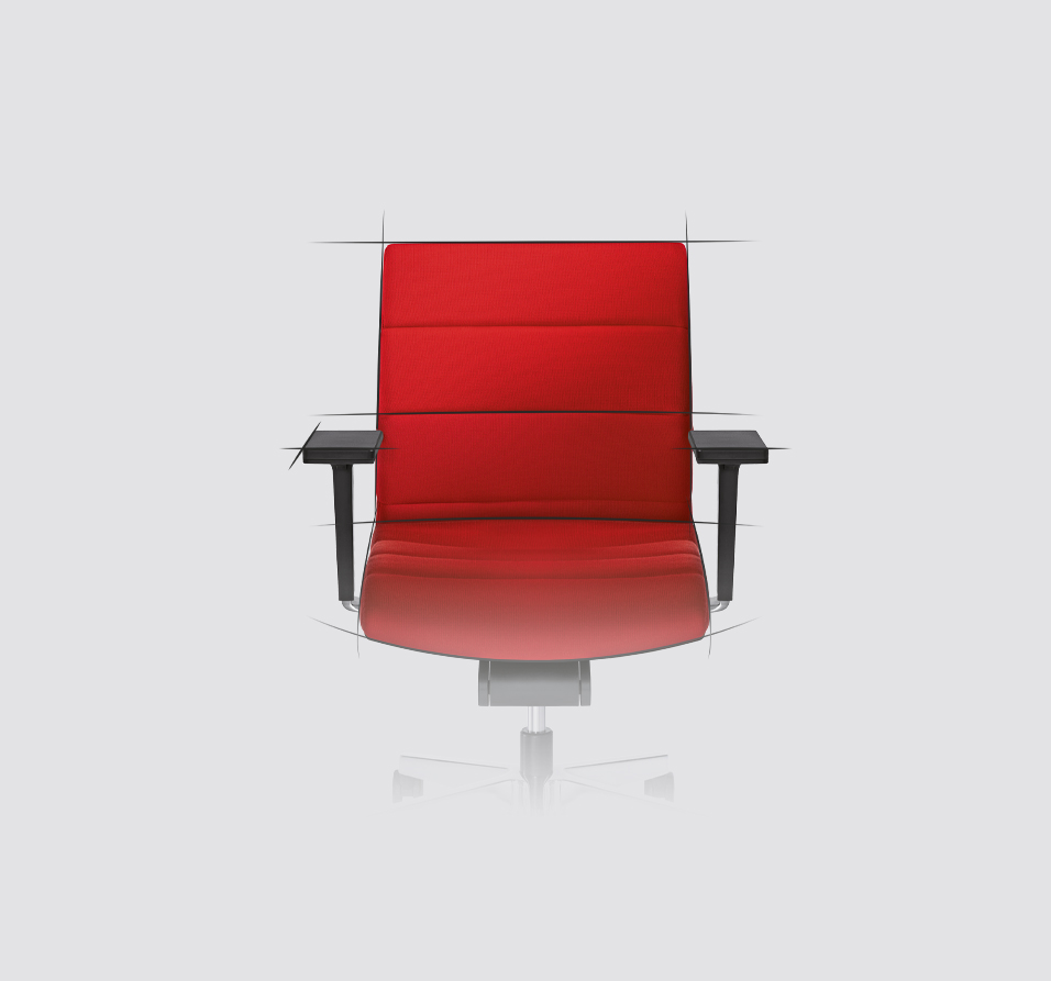 Vista frontal de la silla giratoria CHAMP en rojo. Con las líneas negras que hacen que la imagen parezca un dibujo se recuerdan a las ideas de los diseñadores. Con CHAMP se ha creado una silla giratoria de oficina que combina la innovación técnica con el diseño atemporal.