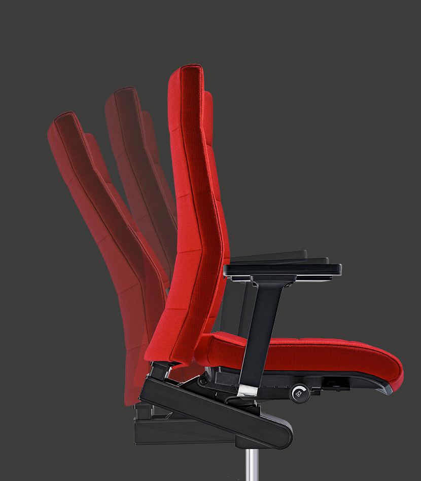 L'élégant fauteuil pivotant haut CHAMP en vue latérale et de couleur rouge. Les différentes ombres représentent la mobilité du dossier.