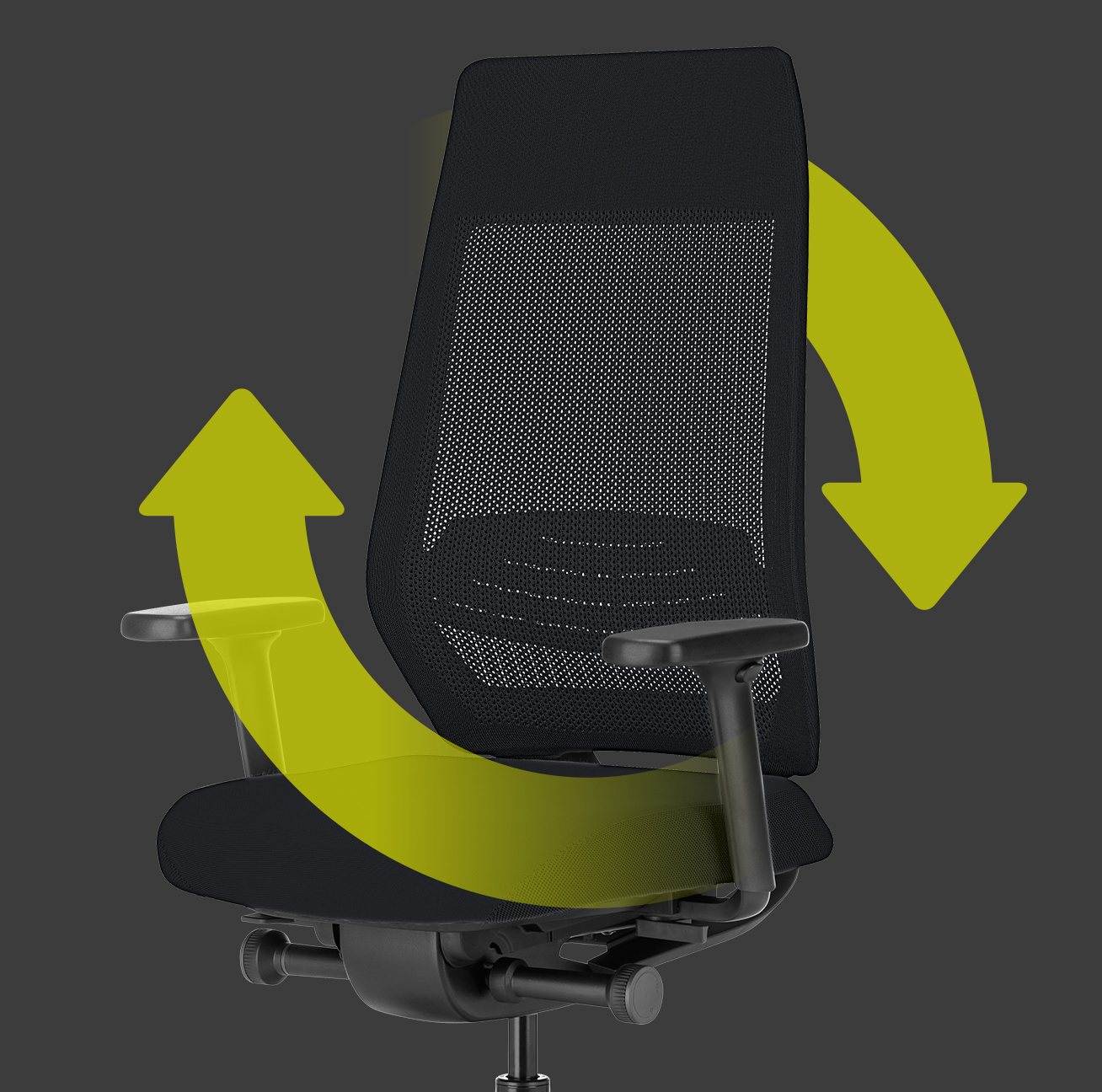 Side view of the ergonomic JOYCE swivel chair with black mesh backrest, black seat cover, black T-armrests and plastic parts in black (including base, column) with two green arrows forming a circle around the chair. This indicates the sustainability and reusability of the chair | by Daniel Figueroa