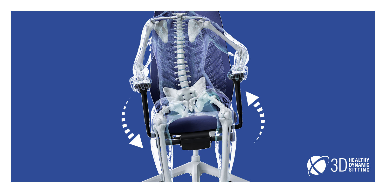 A transparent figure, whose skeleton is visible, sitting on a JOYCE swivel chair with black mesh backrest, blue seat cover, black T-armrests and plastic parts (including base, column) as well as FlexTech in white. The transparent figure is shifting its weight to the right, causing the chair to adapt to its movements. Around the chair, two white arrows form a circle, indicating the mobility of the chair. This active sitting is promoted by the FlexTech function.
