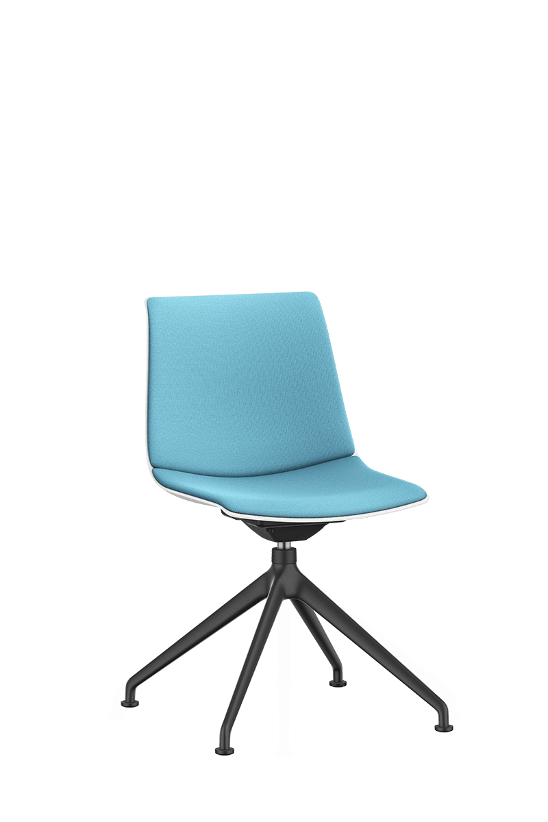 SHUFFLEis1 visitor swivel chair with a black-coated four-star base and swivel and a blue padded seat and backrest | by Interstuhl
