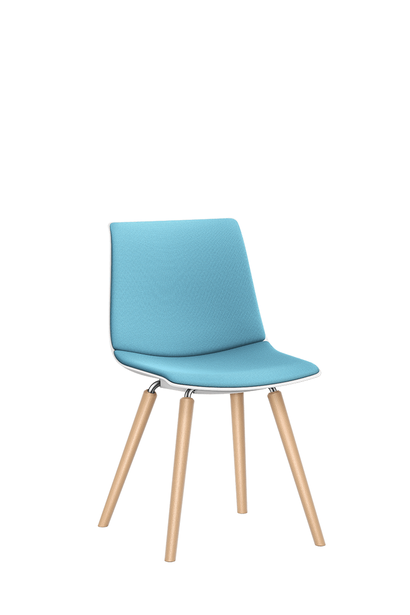 SHUFFLEis1 visitor chair with a four-legged wooden base frame, blue padded seat and backrest | by Interstuhl