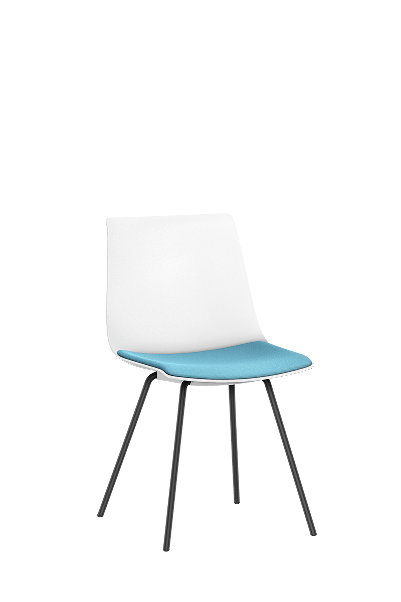 SHUFFLEis1 visitor chair with a black-coated pyramid frame, white plastic shell and blue padded seat | by Interstuhl
