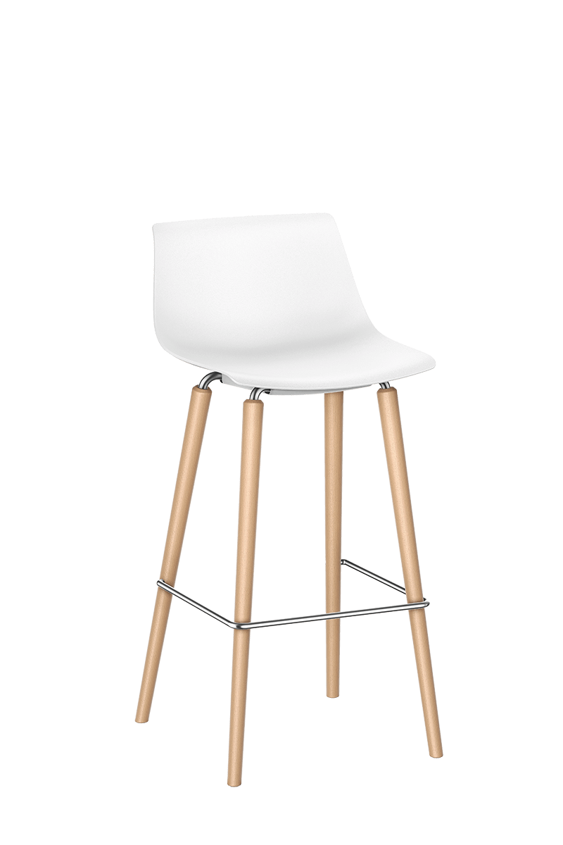 SHUFFLEis1 bar chair with a four-legged wooden base frame and non-padded white plastic shell | by Interstuhl
