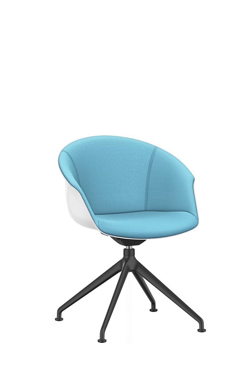 Lounge-Drehstuhl SHUFFLEis1 mit vierstrahligem, schwarz beschichteten Fuß- und Drehkreuz, weißer Kunststoffschale und blauem Vollpolster | by Interstuhl
