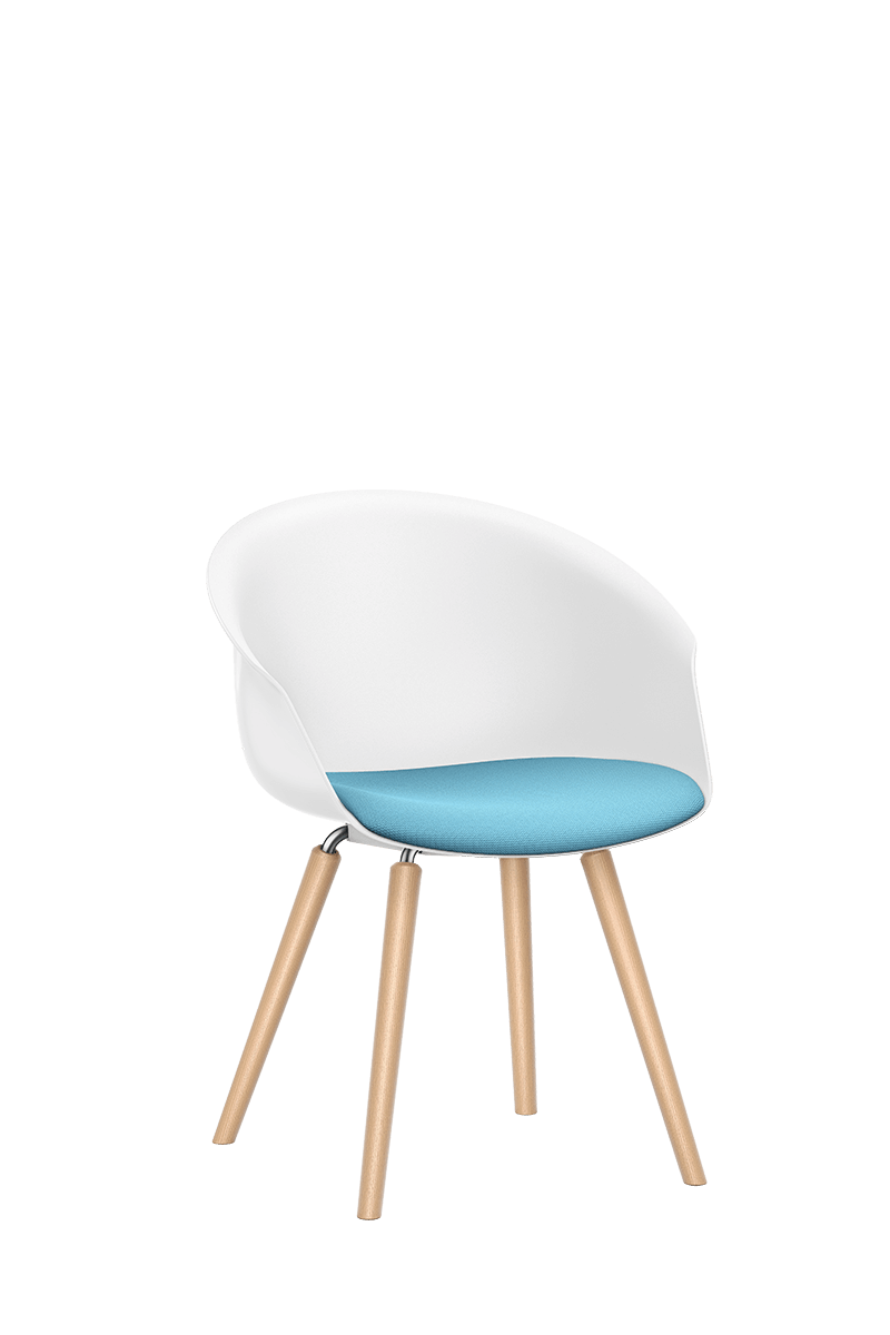 Lounge Stuhl SHUFFLEis1 mit Vierfüßer-Holzgestell, weißer Kunststoffschale und blauem Sitzpolster | by Interstuhl
