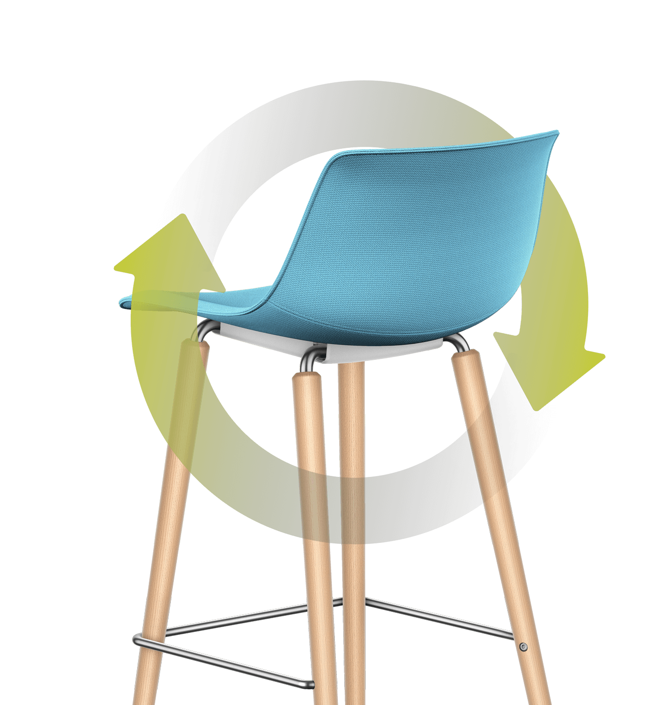 Una foglia verde illustrata avvolge la sedia bar con imbottitura del sedile e dello schienale blu e con telaio in legno a quattro gambe. Lo stelo cinge la sedia formando un cerchio, la foglia si appoggia sul retro dell'imbottitura dello schienale.
