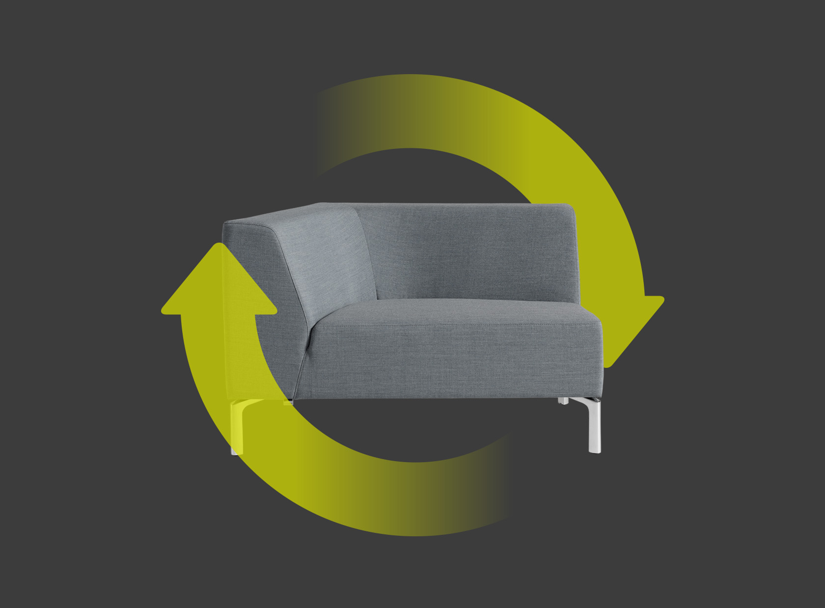 Elemento de asiento Tangram a la derecha en gris con dos flechas verdes que forman un círculo alrededor del elemento de asiento. Estas hacen referencia a la sostenibilidad y la reciclabilidad de la silla.