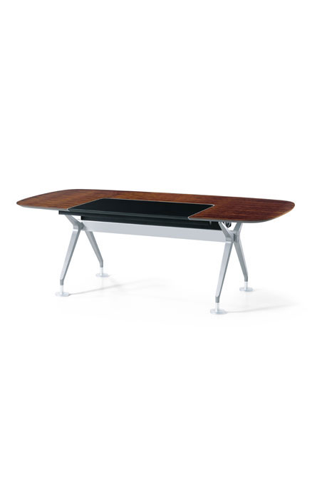 890S - Managerial table, boat-shaped, small,
with media strip and data connection 
field, incl. cable through with flap 
and leather inlay
Dim.:2200x1100x740 mm
(L x W x H)