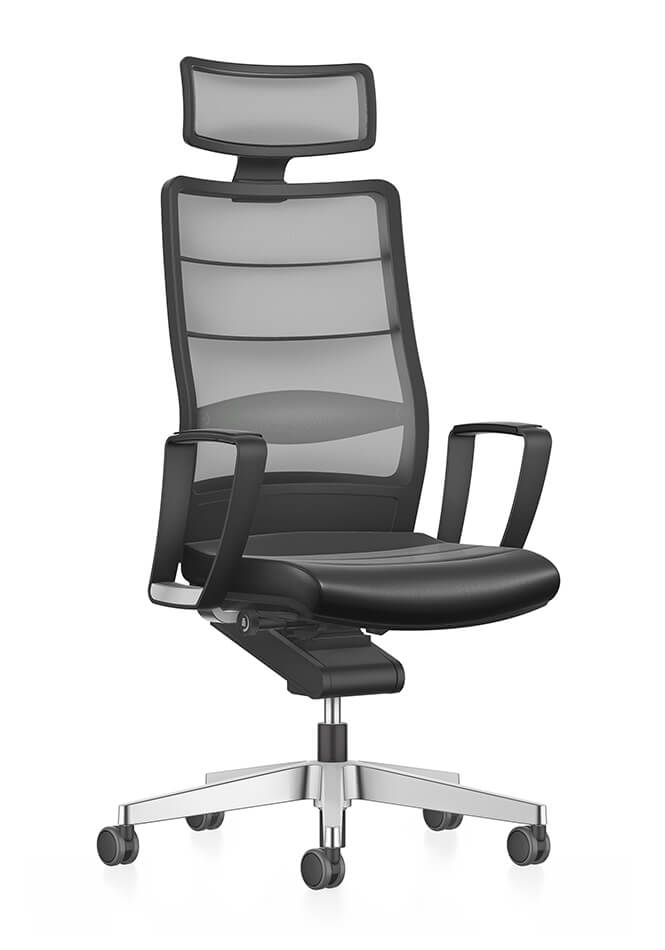 Hochwertiger Bürodrehstuhl AIRPAD mit stylischem Netzrücken und Kopfstütze in Schwarz.