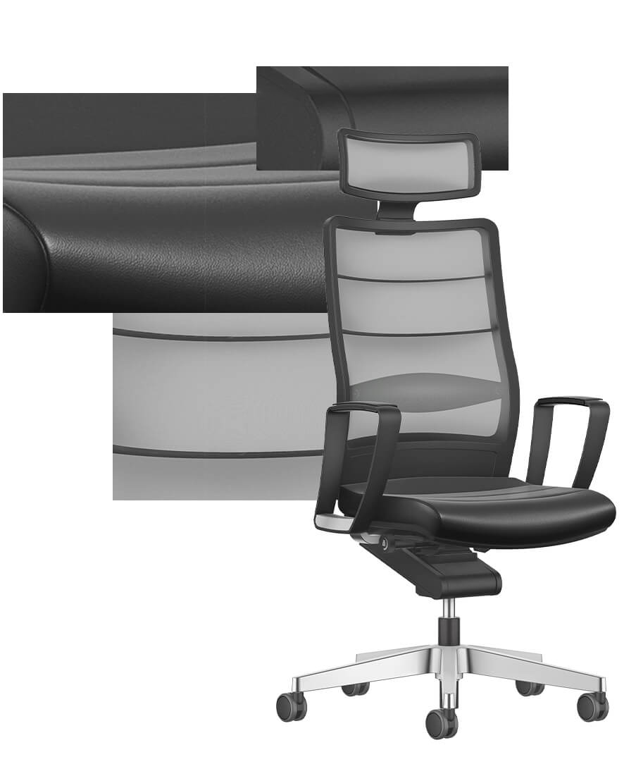 Hochwertiger Bürostuhl AIRPAD mit stylischem Netzrücken und in Ausschnitten daneben als Nahaufnahme jeweils die Mechanik, die Ledersitzfläche und der innovative Netzrücken.