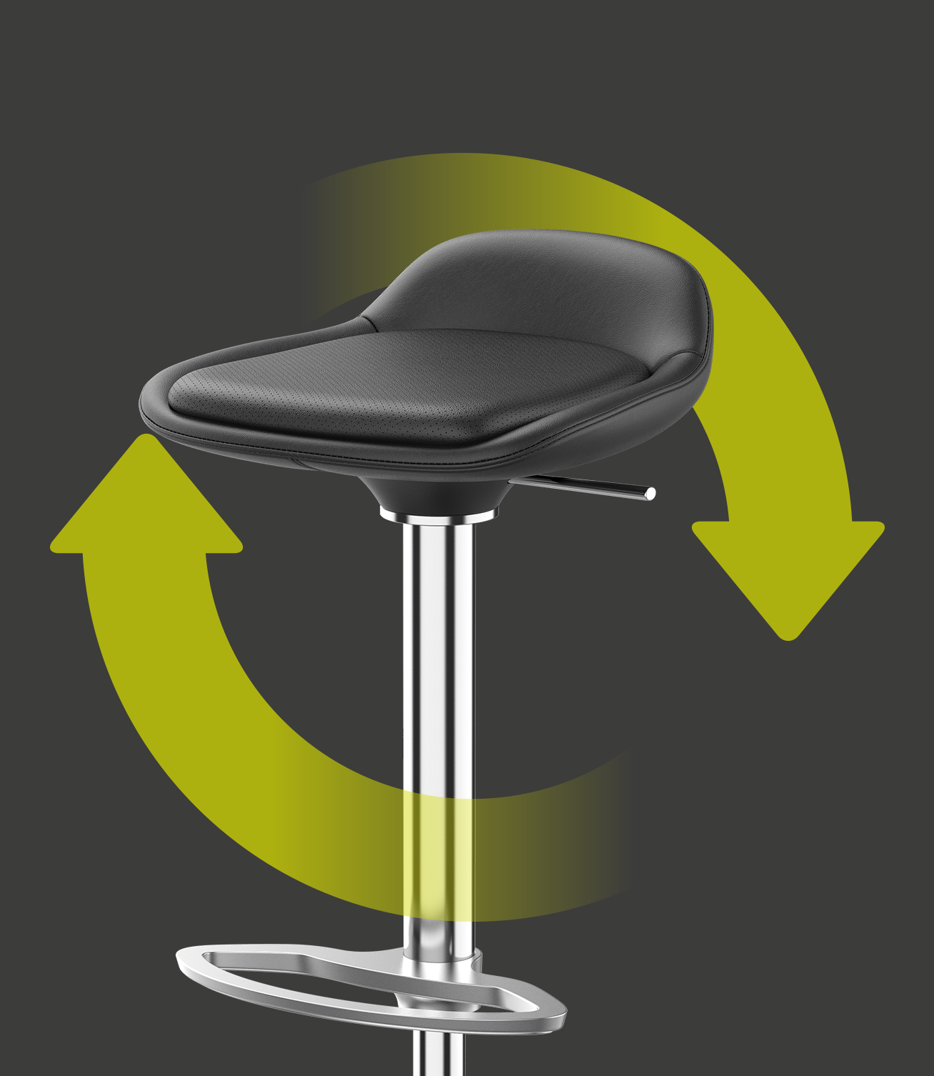 Eleganter Barhocker LIME mit Sitz- und Rückenbezug aus schwarzem Leder sowie verchromtem Gestell, mit zwei grünen Pfeilen, die um den Hocker herum einen Kreis bilden. Dies weist auf die Nachhaltigkeit und Wiederverwendbarkeit des Stuhls hin | by studiokurbos