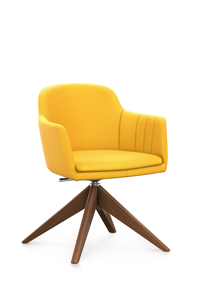 Vista lateral del estiloso sillón de club LEMON con tapizado del asiento y del respaldo amarillo maíz y una base de cuatro radios de madera | by Interstuhl 
