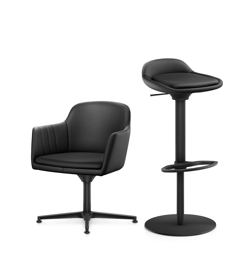 Image of the LEMON and LIME lounge furniture together. On the left, the elegant LEMON club chair with black leather seat and backrest cover, a four-star aluminium base as well as glides in black. Next to it, the LIME bar stool, also with matching black leather seat and backrest cover, as well as base frame including functional footrest and sturdy base plate in black | by studiokurbos