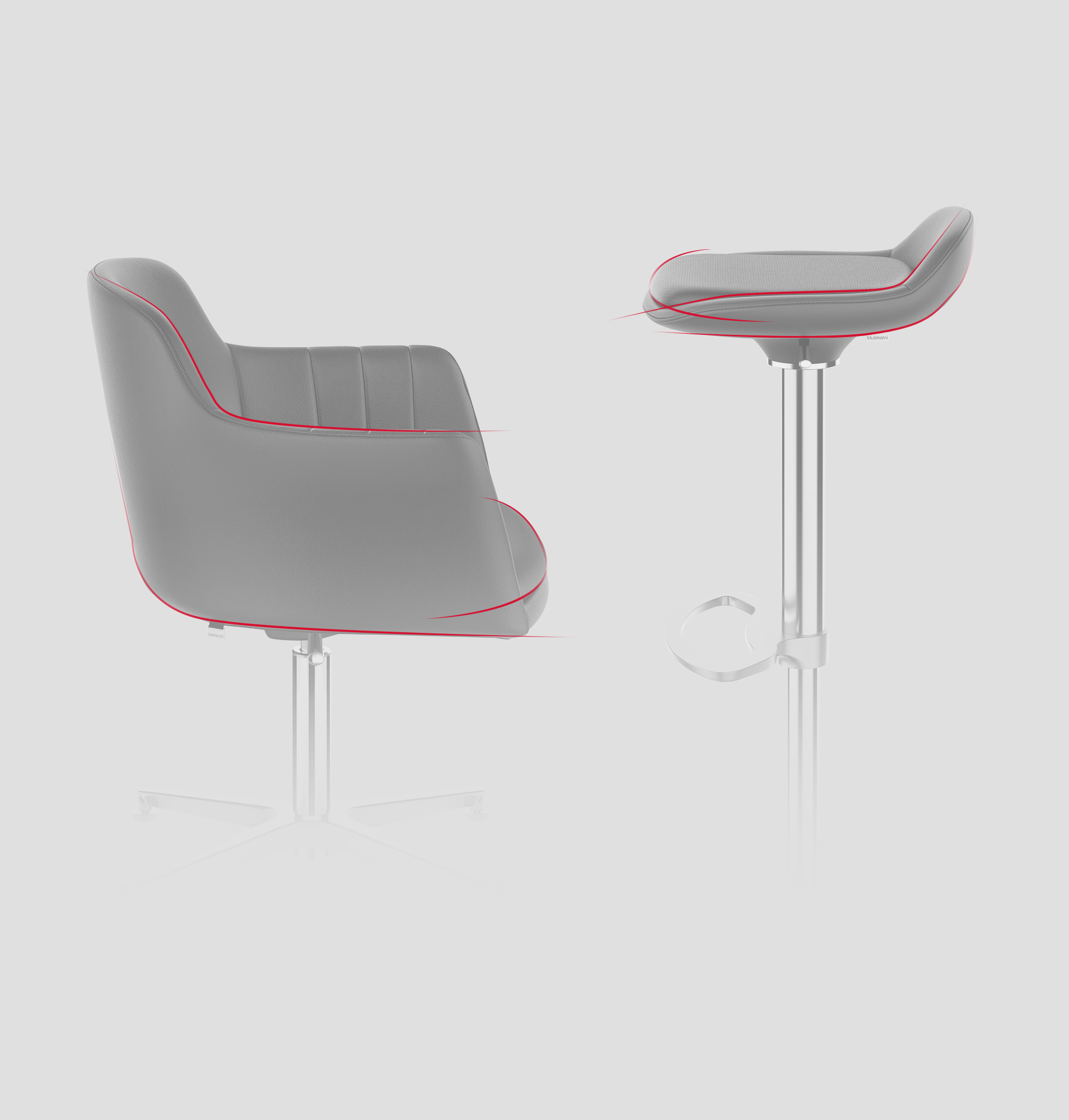 Clubstolen LEMON og barstolen LIME set fra siden med fremhævning af konturerne ved hjælp af dynamiske linjer | by studiokurbos og Interstuhl