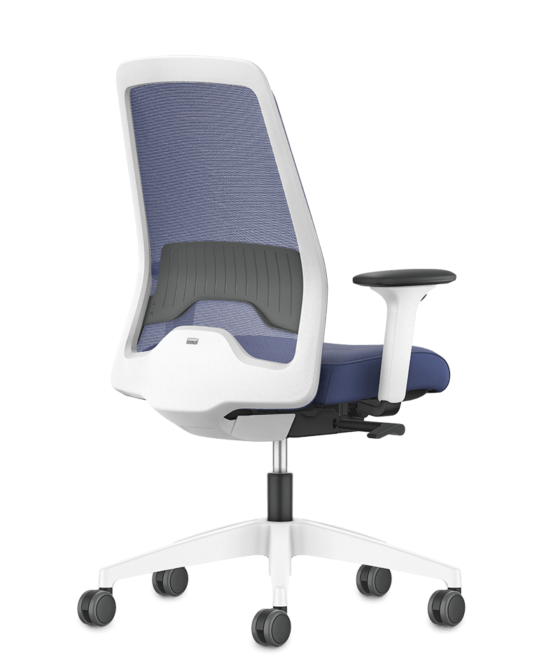 EVERY swivel chair with a blue mesh backrest, blue seat cover, black arm pads and white plastic parts (incl. base, back frame) | by Interstuhl 
