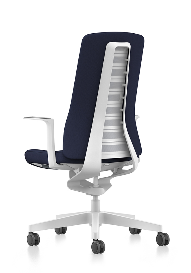 Side view of PURE design swivel chair with blue upholstered backrest, blue seat cover, white T-armrests and plastic parts in white, (base, column, among others) with Smart Spring technology | by Andreas Krob & Joachim Brüske, b4k