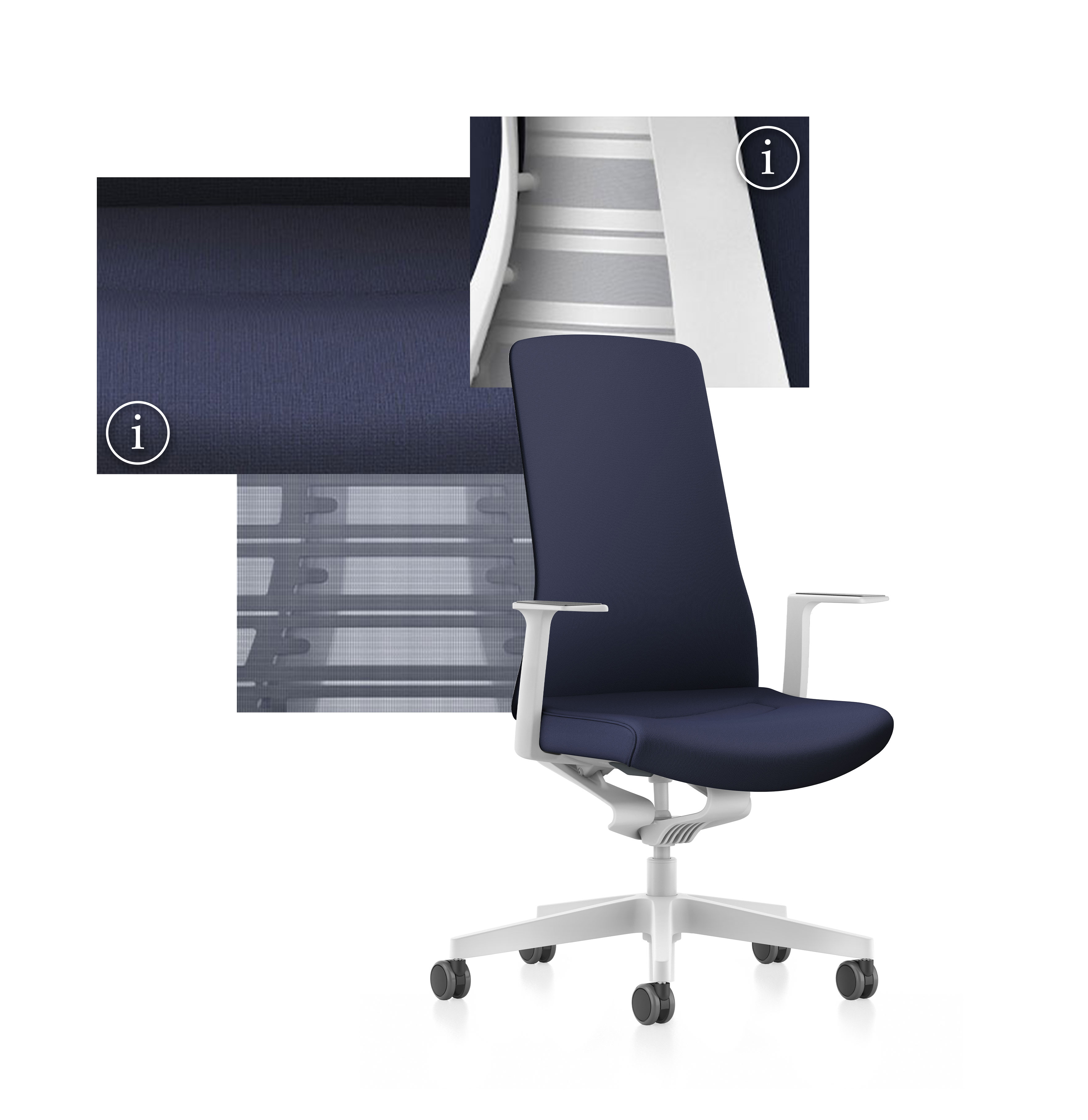 Estilosa silla de oficina PURE con primeros planos de los materiales de la malla, el tapizado y las piezas de polipropileno | de Andreas Krob y Joachim Brüske, b4k