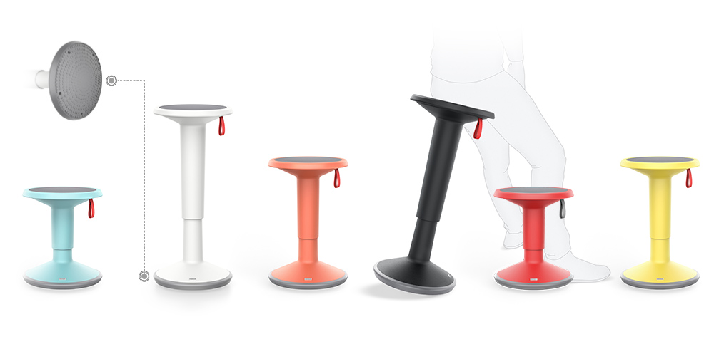 The ergonomic UP stool in the five different colours ice blue, soft red, yellow, black and white next to each other and set to different heights. The stools promote active sitting as they have a rounded base instead of castors.
