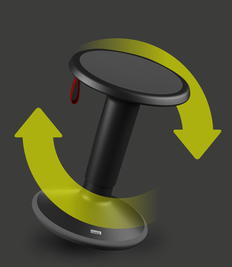 Taburete ergonómico UP en color negro con correa roja y con dos flechas verdes que forman un círculo alrededor del taburete. Estas hacen referencia a la sostenibilidad y la reciclabilidad del taburete.