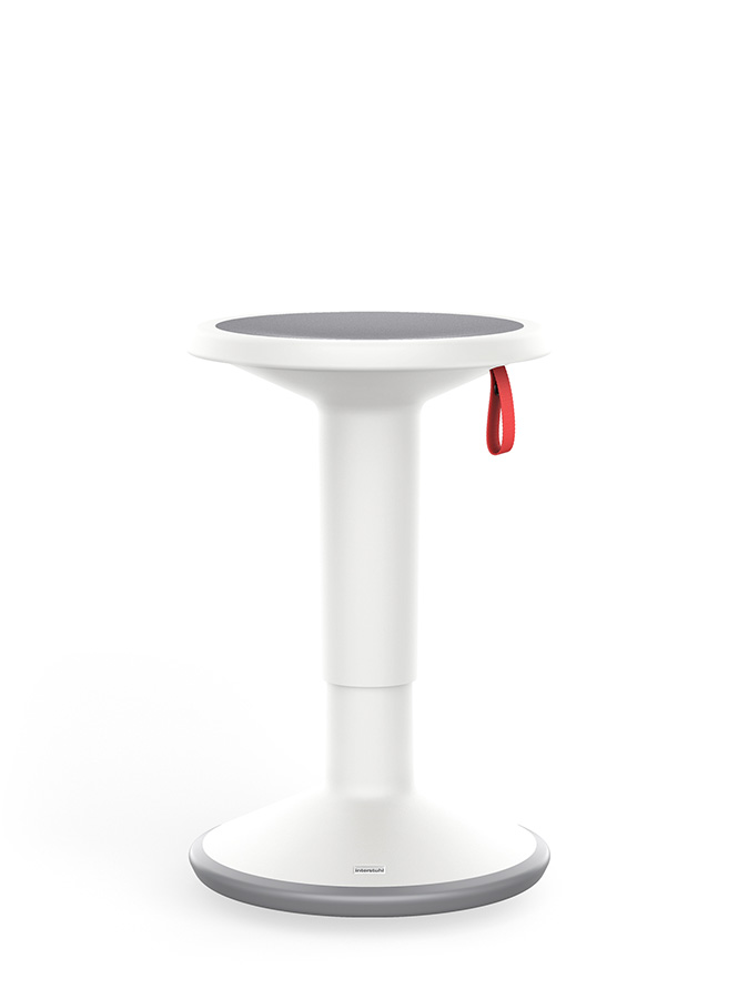 The dynamic multi-purpose UP stool in smart white, the height of which can be adjusted with the red carrying strap.