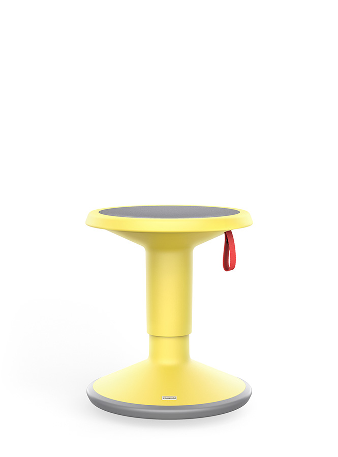 The ergonomic multi-purpose UP stool in yellow, the height of which can be adjusted with the red carrying strap.