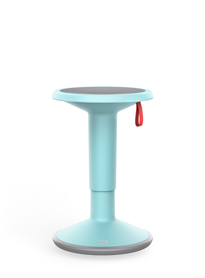 The multi-purpose UP stool in light blue, the height of which can be adjusted with the red carrying strap.